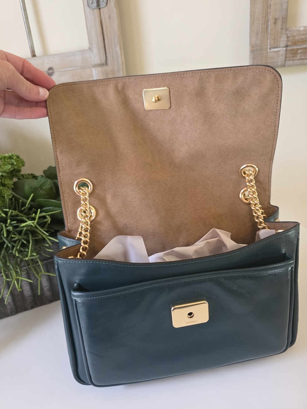 Coach Elodie Dark Teal Smooth Leather Crossbody/Shoulder Bag Gold Chain NWT - Picture 12 of 15
